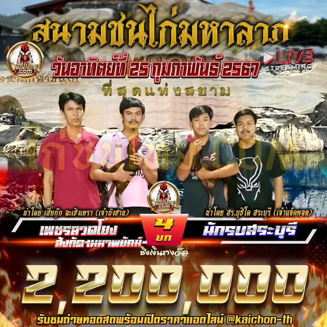 เพชรลวดโยง พบกับ นักรบสระบุรี ชนจำนวน 4 ยก เดิมพัน 2,200,000 บาท