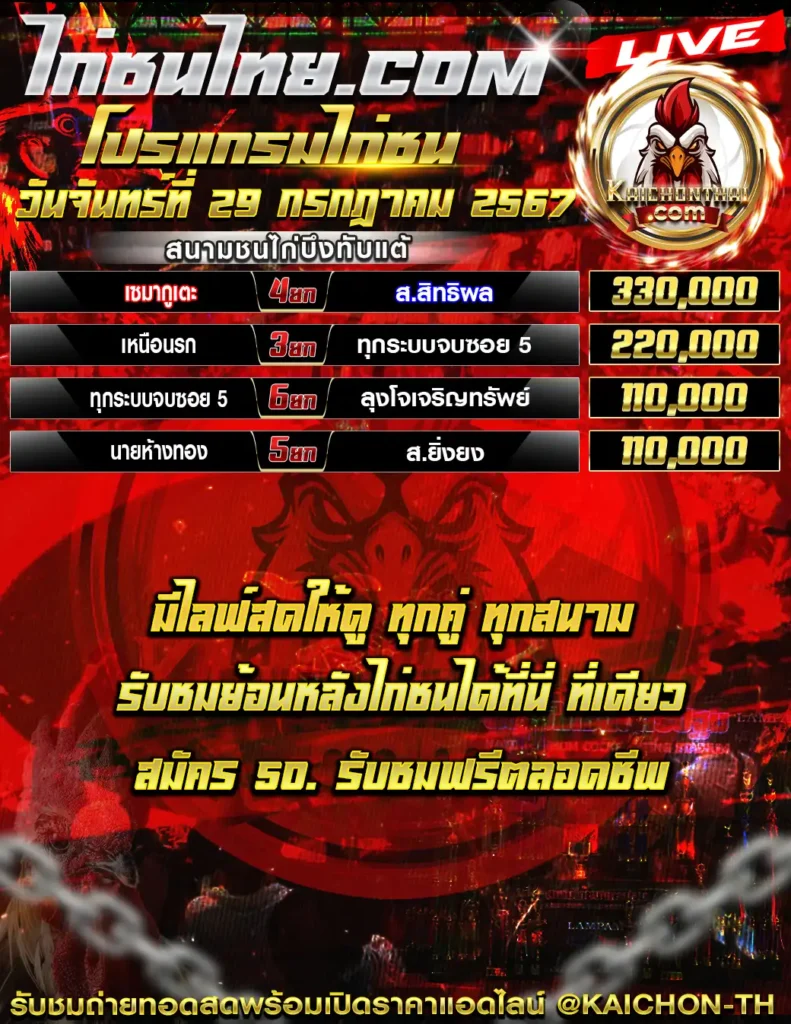 โปรแกรมไก่ชน สนามชนไก่บึงทับแต้ 29 กรกฎาคม 2567