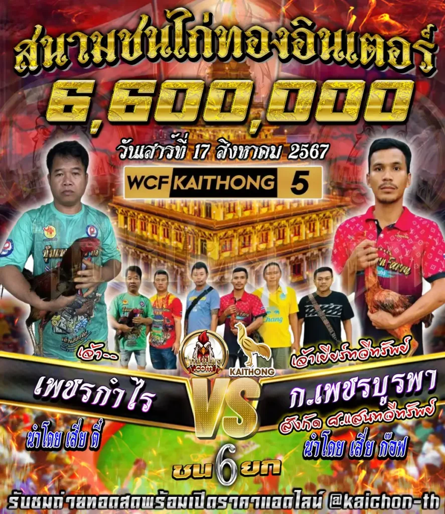 เพชรกำไร(เจ้า--) พบกับ ก.เพชรบูรพา(เจ้าเยียร์ทวีทรัพย์) ชนจำนวน 6 ยก เดิมพัน 6,600,000 บาท