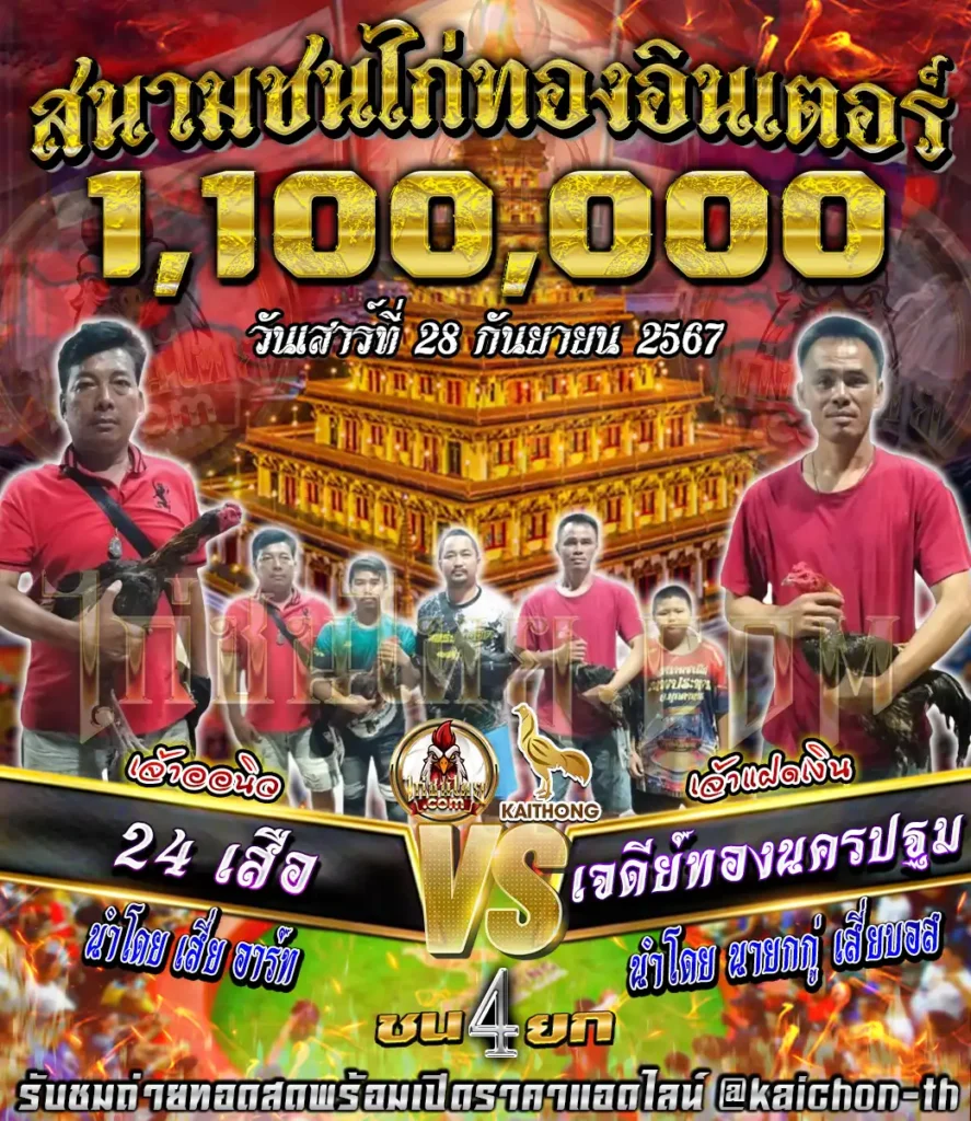 24 เสือ พบกับ เจดีย์ทองนครปฐม ชนจำนวน 4 ยก เดิมพัน 1,100,000 บาท